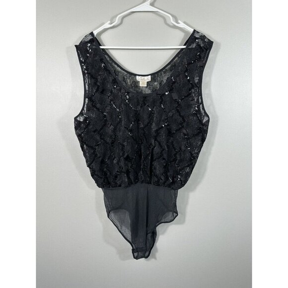 NWOT Vintage Delicates Bodysuit Womens 2X 22/24 Black Sheer Sequin‎ Sexy - Picture 1 of 15